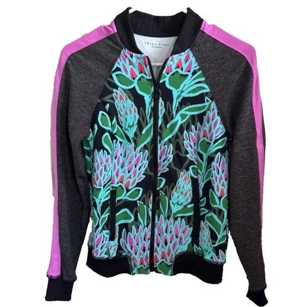 Trina Turk Recreation Floral Full Zip Bomber Jacket Women's Size Large Active